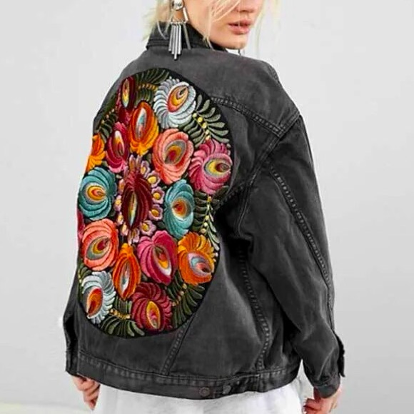 nwt jacket Boho Floral Embroidery - faded black denim jean charcoal coat flowers - Picture 14 of 16